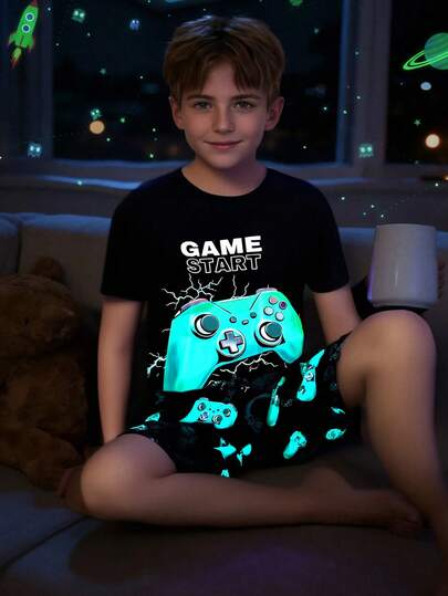SHEIN 2pcs/Set Teen Boys Minimalist Neon Game Controller Graphic Round Neck Short Sleeve Shorts Pajama Set, Comfortable, Skin-Friendly, Casual, Collegiate Style, Versatile, Soft Fabric, Suitable For Daily Wear, Home, Holidays, Spring/Summer