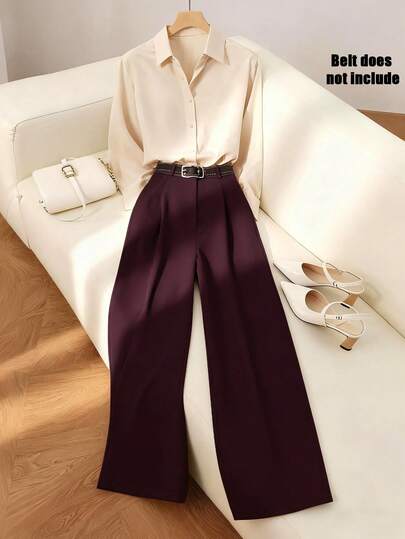 Franclia Set da 2 pezzi composto da top a maniche lunghe color albicocca e pantaloni a gamba dritta marroni, look formale da ufficio o scuola, adatto per l'autunno/inverno