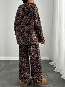 EURMUSE Women Leopard Printed Zipper Hooded Sweatshirt And Sweatpant Two Pieces Set - Brown - View 2