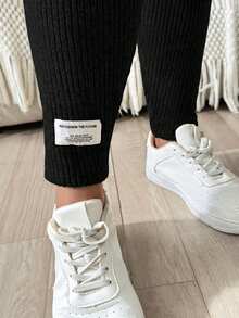 SHEIN Pantaloni skinny in maglia a costine di colore tinta unita, casual e adatti per l'uso quotidiano, con vita regolabile, per donne in gravidanza di taglia curvy - nero - Visualizzare 6