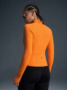 Powerista 女士荧光橙色拉链立领拼接口袋修身骑行服 - 橘色 - 查看 2