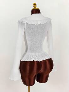 Amplova Women's Fashionable Sexy & Sweet Ruffle Flare Sleeve Cardigan, Autumn/Winter Ruffle Blouse White Ruffled Top White Boho Top - Apricot - View 10