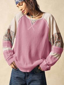 Bohemela Áo kiểu nữ dáng rộng, cổ tròn, tay dài, phối nhiều mảnh vải, chất liệu dệt kim, thích hợp cho nữ. - Hồng - Xem 4