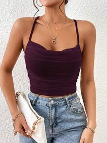 SHEIN Essnce Áo hai dây xếp ly màu trơn thanh lịch dành cho nữ, thích hợp cho mùa hè. - Màu đỏ tím - Xem 5