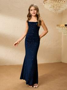 少女优雅奢华时尚露肩无袖高腰长款金属箔黑色连衣裙，闪亮派对礼服，适合少女毕业典礼、舞会、圣诞节、演出、生日等场合。 - 藏蓝色 - 查看 4