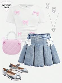 SHEIN Girlism Tween Girl Fashion Homecoming Streetwear Mix And Match Versatile Design Y2k Vintage Cool Street Light And Charming Pink Bow Decoration Adorns Blue Denim Pleated Half-Length Skirt For Dailywear And Spring To Summer Rave Festival And Streetwear - Blue - View 6