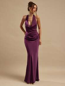 SHEIN BAE Plum Color Ruched Draped Neck Elegant Fitted Maxi Satin Dress, Suitable For Bridesmaid, Social Events, Weddings, Brunch, Summer Mauve Formal Dress Sexy Long Dress Deep V Dress Purple Formal Dress Women - Burgundy - View 2
