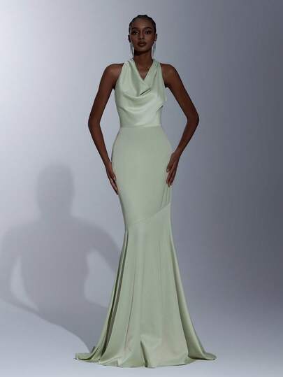 Elitara 优雅简约深绿色奢华缎面长裙，手工蝴蝶结装饰，露背吊带美人鱼式长裙，带拖尾，适合婚礼、正式场合、伴娘礼服