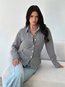 Firerie 女士蓝白条纹长袖衬衫，系带腰身，休闲通勤衬衫，度假衬衫，收腰条纹衬衫，适合春、夏、秋、冬四季穿着，优雅，度假风，波西米亚风，工作装 - 黑與白 - 查看 3