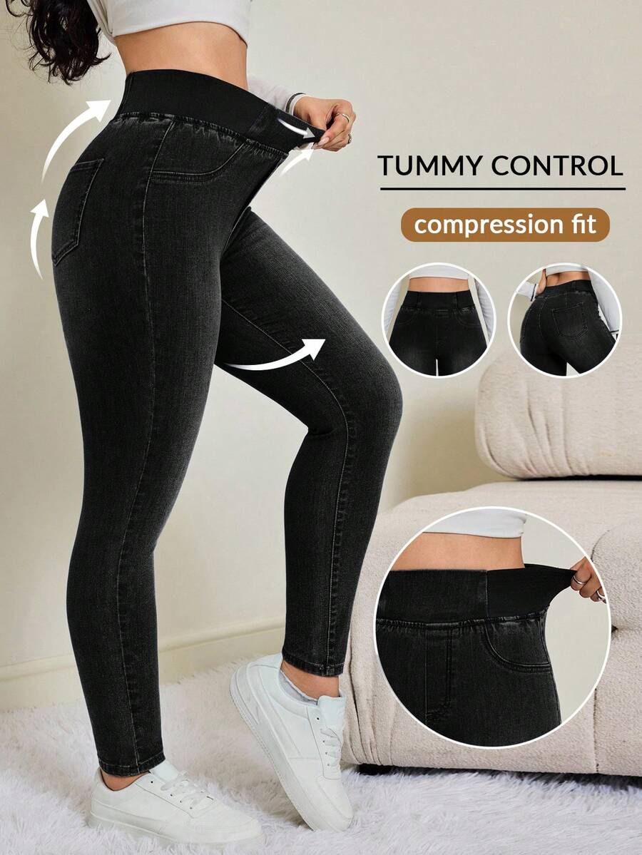 SHEIN Tall Women's Casual Washed High Waist Slim Fit Jeans Autumn/Winter Elastic Waistband High-Stretch Comfort Fabric Dark-Wash Skinny Jeans - Black - View 1