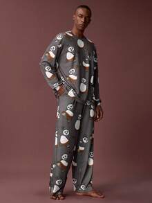 SHEIN Kung Fu Panda Men's Cartoon Pattern Themed Long Sleeve Top And Pants Loungewear Set - Dark Grey - View 5