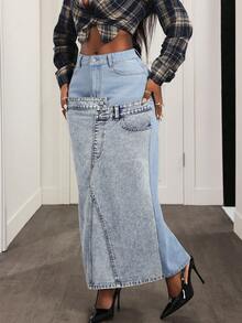 Slaydiva Women's Patchwork Fashionable Denim Mini Skirt - Light Wash - View 3