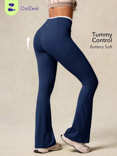 OutZeal Pantalones para mujer azules para acampada y senderismo con control de abdomen, secado rápido y cintura cruzada con bajo acampanado