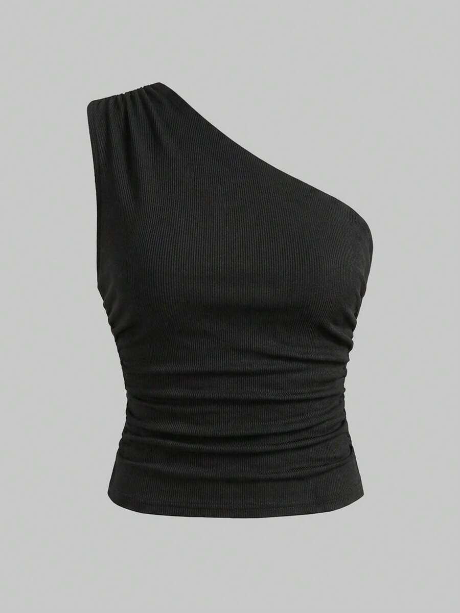 SHEIN Girlism 少女纯色褶皱休闲露背吊带衫 - 黑色 - 查看 1