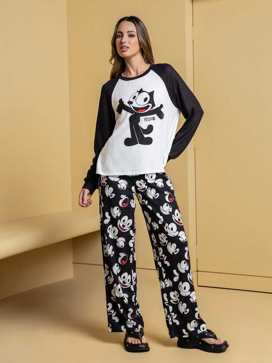 SHEIN Felix The Cat Women's Autumn Cat Print Contrast Color Raglan Sleeve Top And Pants Pajama Set - Black and White - View 1