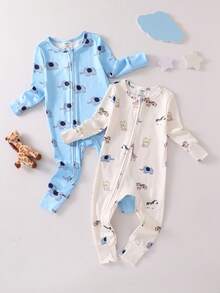 2 Piece Sets Snug Fit  Pajamas Cute Elephant Animal Cartoon Pattern Solid Blue Round Neck Long-Sleeved Zip-Up Bodysuit For Baby Boys ,Baby Boy Clothes - Multicolor - View 6