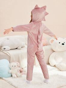 年轻女孩简约时尚粉色恐龙毛绒长袖连帽连体裤舒适保暖家居服 - 粉色 - 查看 1