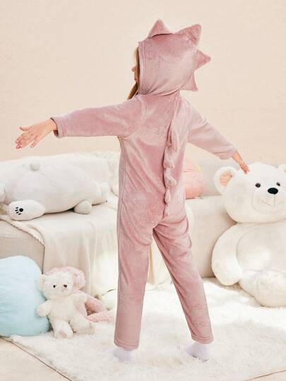 年轻女孩简约时尚粉色恐龙毛绒长袖连帽连体裤舒适保暖家居服