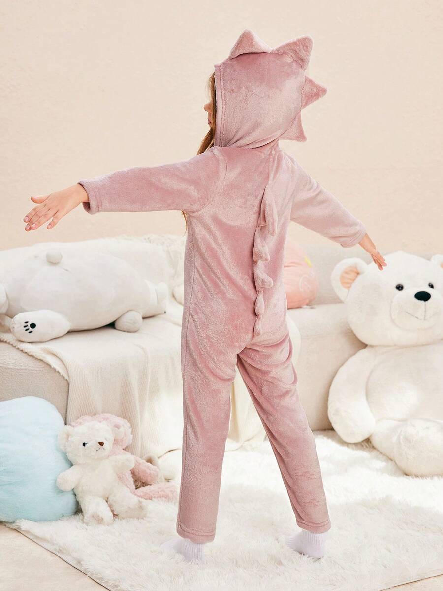 年轻女孩简约时尚粉色恐龙毛绒长袖连帽连体裤舒适保暖家居服 - 粉色 - 查看 1