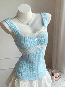 Comfortcana Áo tank top ôm dáng không tay, dây bản rộng, phối ren tương phản dành cho nữ, điểm nhấn là nơ. - Màu xanh lam - Xem 6