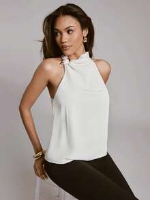 Hauture Women's Simple Cowl Neck With Gold Ornament Detail Sleeveless Loose Fit Daily Going Out Top - Apricot - View 1