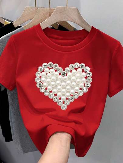 Camiseta para mujer de 100% algodón, suave y cómoda de manga corta y cuello redondo con estampado de simulación de perlas y brillos tipo diamantes en forma de corazón ideal para festividades de Febrero, mes del amor y el amigo Primavera Verano Playera holgada Regalos ideal