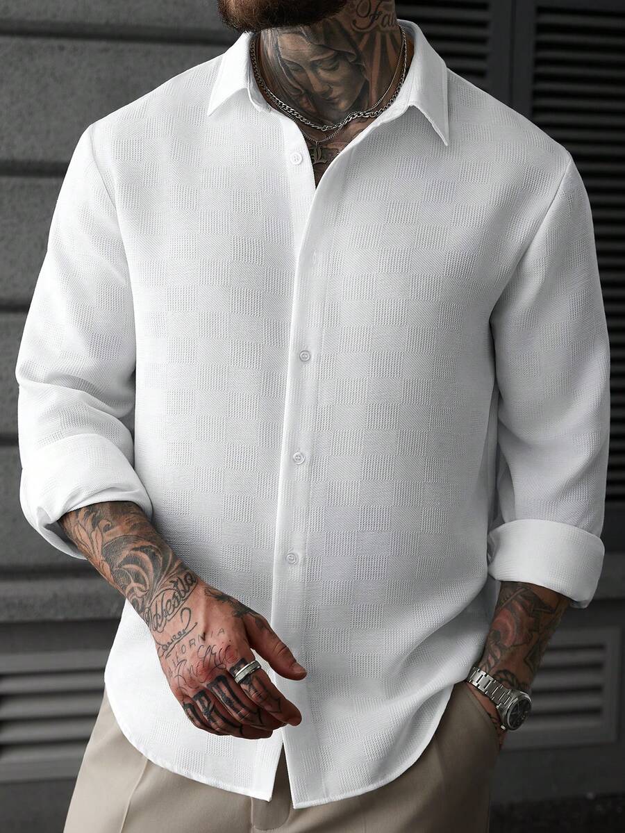 Manfinity Homme Áo sơ mi nam dài tay họa tiết jacquard, kiểu dáng thường ngày, màu trắng mùa thu, áo sơ mi trắng toàn bộ, áo sơ mi nam họa tiết, áo sơ mi công sở trắng cho nam, áo sơ mi dài tay trắng cho nam. - trắng - Xem 1