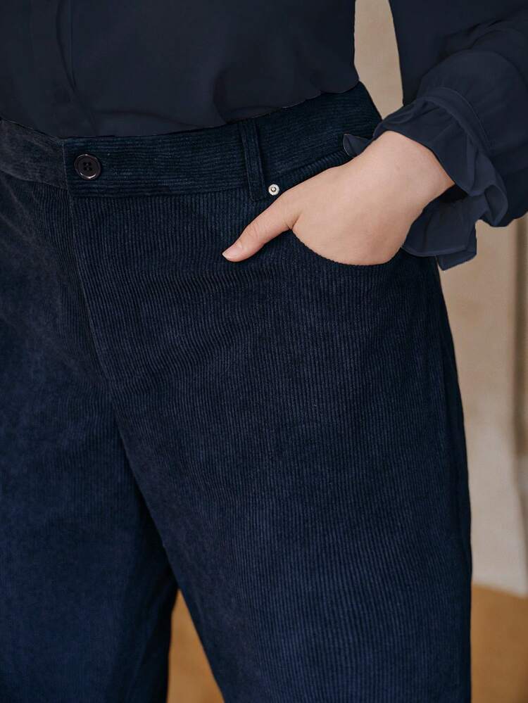 Women's Plus Size Navy Corduroy Flared Pants With Rivet Pockets, Elegant Business Casual Trousers For Autumn/Winter