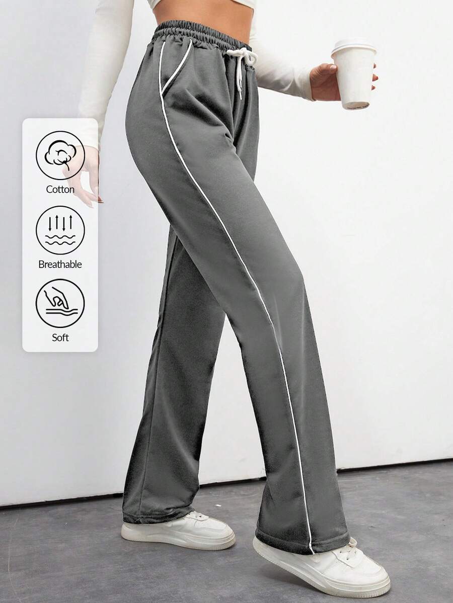 SHEIN Tall 棉质抽绳腰斜插口袋休闲运动裤 - 灰色 - 查看 1