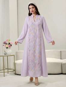 Al Najma Đầm maxi thêu, dệt jacquard, đính cườm - Áo dài truyền thống Thổ Nhĩ Kỳ và Ả Rập dành cho phụ nữ - Màu tím hoa cà - Xem 5