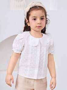 女婴优雅翻领泡泡袖舒适柔软上衣 - 白色 - 查看 3