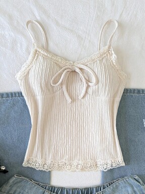 Teen Girl Casual Minimalist Comfortable Textured Fabric Camisole With Lace Trim