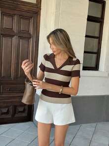 Pariaura Contrast Stripe Polo Collar Knit Top, French Street Style, Short Sleeve Summer Blouse