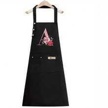 1PC Alphabet Series Black Base With Colorful Letters And Holographic Flower Pattern Cute Heart Print Apron, Perfect For Parties And Weddings, Made Of Peach Skin Fabric, Suitable For Kitchen, And Home Use – Unique Initial Letter Meaning Style. - Multicolor - View 8