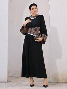 Al Najma Women's Bohemian Vacation Style Patchwork Geometric Print Sequin Decor Flare Sleeve Cinched Waist Arabic Traditional Long Dress Kaftan Jalabiya Dress  Arabic-Style Long Kaftan Robe, Arabic Women's Dress, Turkish Dress, Abaya Robe, Traditional Women's Dress Arabic Style Long Dress Kaftan Jalabiya Dress Arabic Dress For Women Turkish Dress Abaya Dress Abaya For Women - Black - View 4