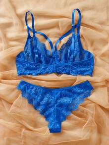 SHEIN 2pcs Women's Solid Color Minimalist Everyday Lace Bra Set With Underwire - Royal Blue - View 2