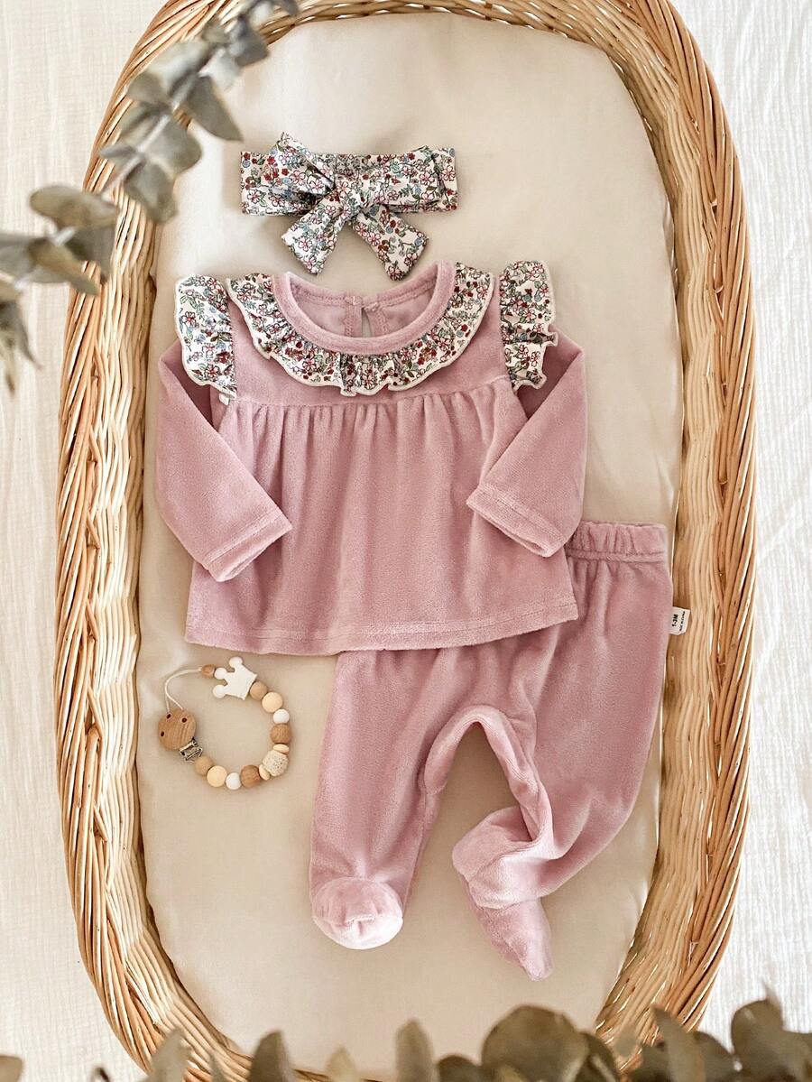 Bộ đồ ngủ 3 món cho bé gái sơ sinh bằng vải lông mềm mại, gồm áo dài tay bồng họa tiết hoa nhí thanh lịch, quần và băng đô, bộ đồ mặc nhà ấm cúng cho mùa thu/đông, bộ đồ cho bé gái khi về nhà, bộ đồ ấm áp cho bé gái, bộ đồ cho bé gái. - Hồng - Xem 1