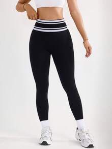 With My Calm With My Calm Women's Solid Color High Waist Elastic Leggings V-Shaped Waist Leggings Active Wear Bottoms Sports Leggings - Black - View 6