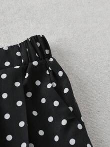 SHEIN Essnce 大码女装春夏时尚休闲宽松舒适清爽日常百搭波点印花弹力腰阔腿裤，女式下装，宽松裤，可爱夏季，欧洲夏季，度假，机场女装春季优雅休闲度假春季下装 - 黑色 - 查看 3