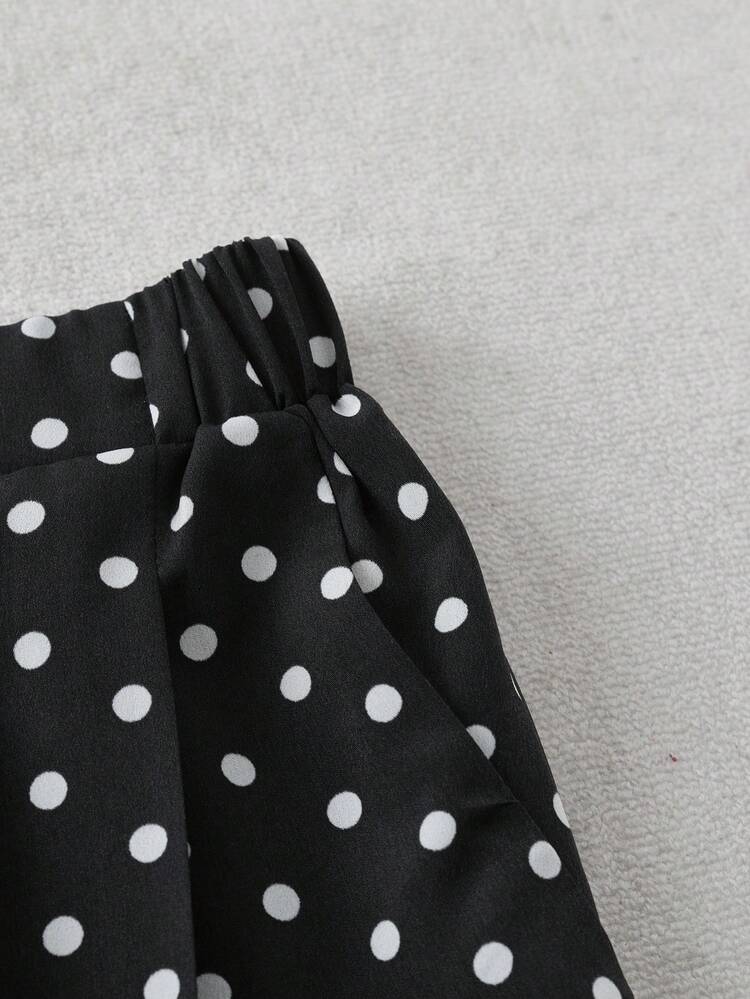 SHEIN Essnce 大码女装春夏时尚休闲宽松舒适清爽日常百搭波点印花弹力腰阔腿裤，女式下装，宽松裤，可爱夏季款，欧洲夏季款，度假款，机场女装 - 黑色 - 查看 3