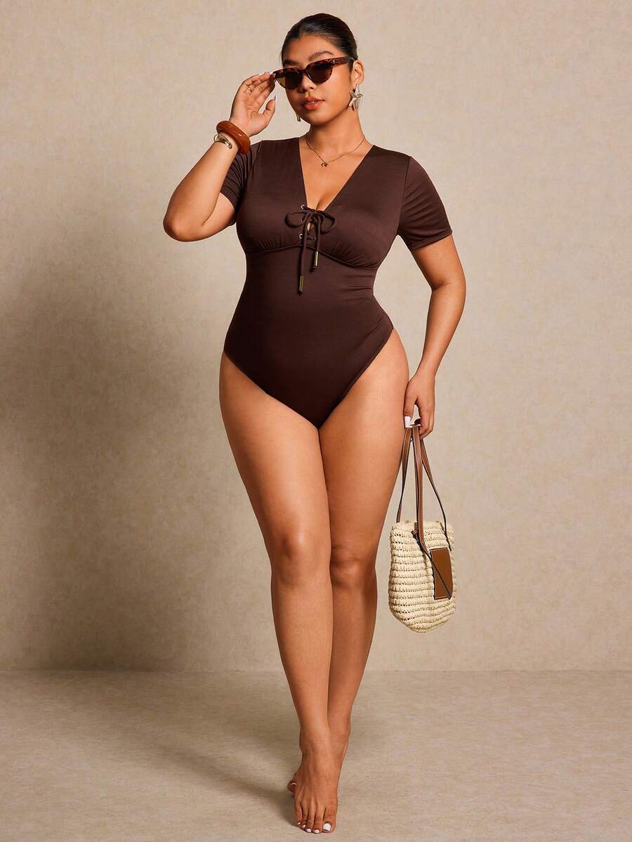 Elaquor Áo tắm liền thân ngắn tay, cổ chữ V, màu trơn, buộc dây, ôm sát dành cho nữ cỡ lớn, thích hợp cho kỳ nghỉ hè ở bãi biển. - Cà phê nâu - Xem 1