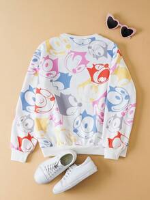 SHEIN Felix The Cat 少女休闲卡通图案圆领卫衣，秋季 - 白色 - 查看 2