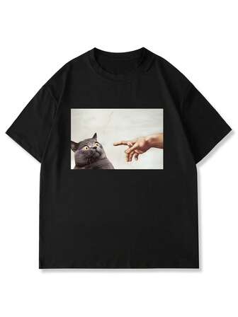Manfinity Camiseta de manga corta con cuello redondo y estampado divertido de gato para hombres, casual para vacaciones, cenas, citas, sencilla y versátil, adecuada para uso personal o como regalo para amigos