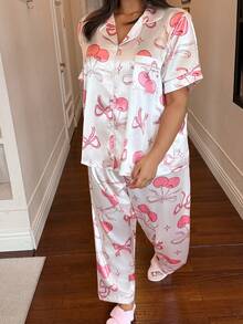 Dream Adore Cherry Blossom Bow Print Pocket Short Sleeve & Long Pants Plus Size Women Pajama Set - Champagne - View 6