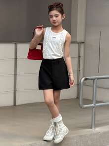 DAZY Tween Girls' Solid Color High Waist Casual Loose Shorts Summer - Black - View 2