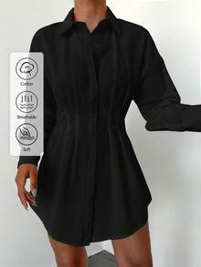 EURMUSE Cotton Drop Shoulder Fold Pleated Shirt - Black - View 1