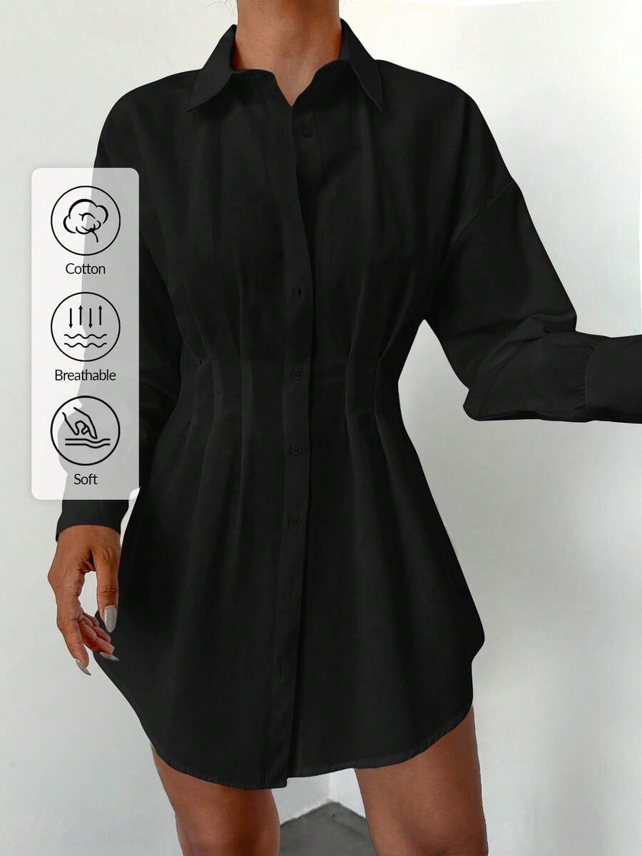 EURMUSE Cotton Drop Shoulder Fold Pleated Shirt - Black - View 1