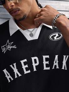 AXEPEAK Streetwear Casual Oversized Short Sleeve Polo Shirt With Contrast Color Graphic Print For Men - Black - View 6