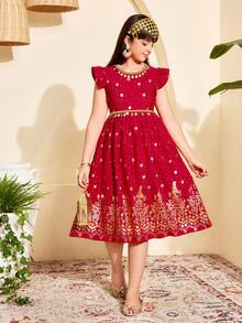 Sparklyn 少女传统阿拉伯服饰，优雅金属质感花卉串珠饰边圆领短袖连衣裙，适合日常聚会、派对和正式场合，传统阿拉伯服饰 - 酒紅色 - 查看 3