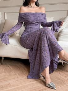 DAZY 女士优雅纯色蕾丝露肩喇叭袖长连衣裙，春夏复活节 - 紫色 - 查看 1